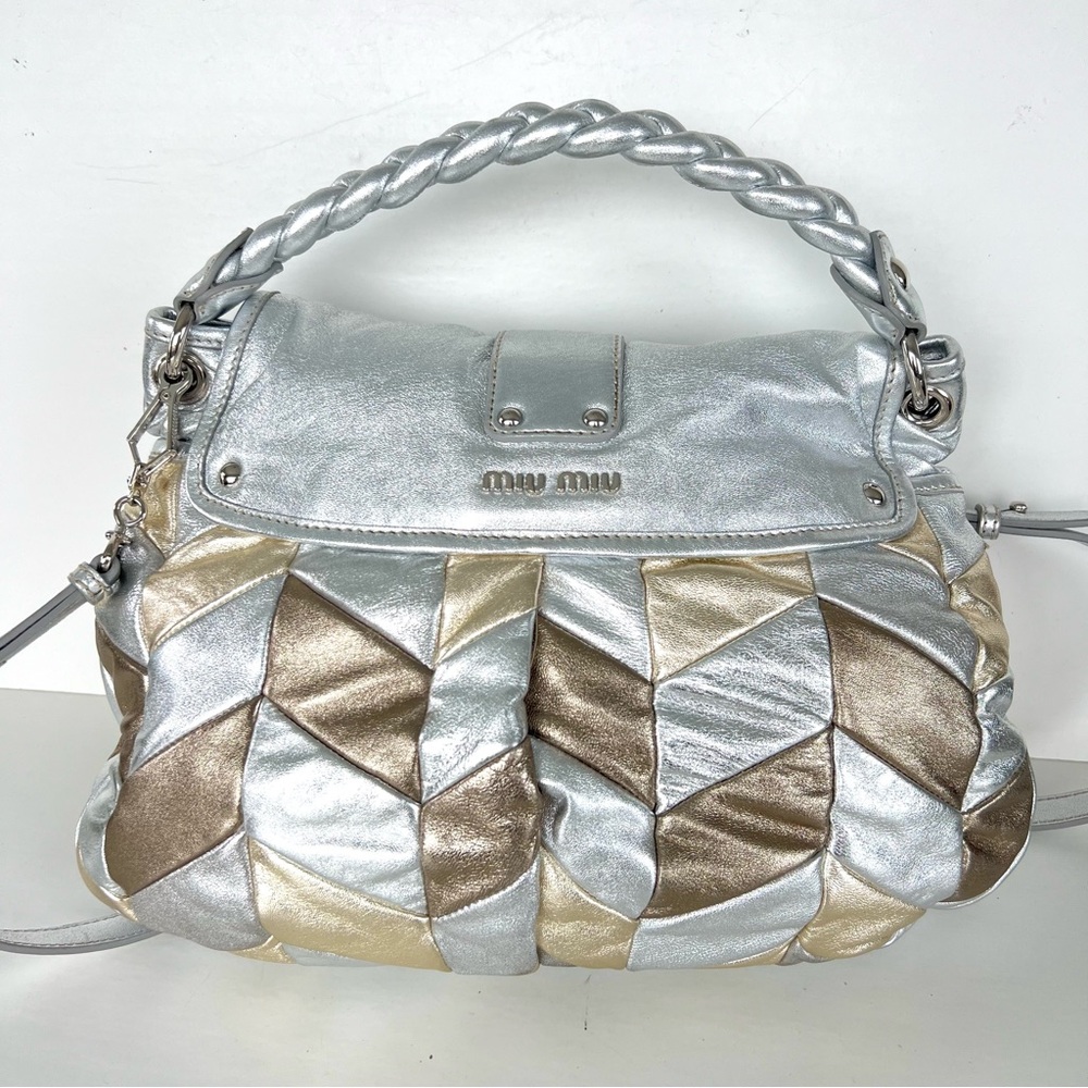 ♦️SOLD♦️MIU MIU Coffer Metallic Silver Gold Bronze Leather Patchwork Shoulder - Picture 6 of 16